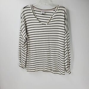 CABI womens S white & black stripes knit V neck tee shirt
